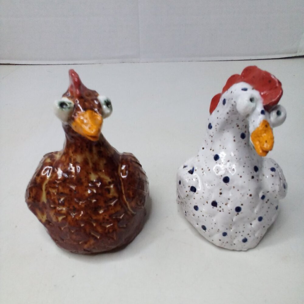 Handmade Ceramic Chicken Rooster Decor 4" Whimsical Big Eyes Lot 2 Countrycore